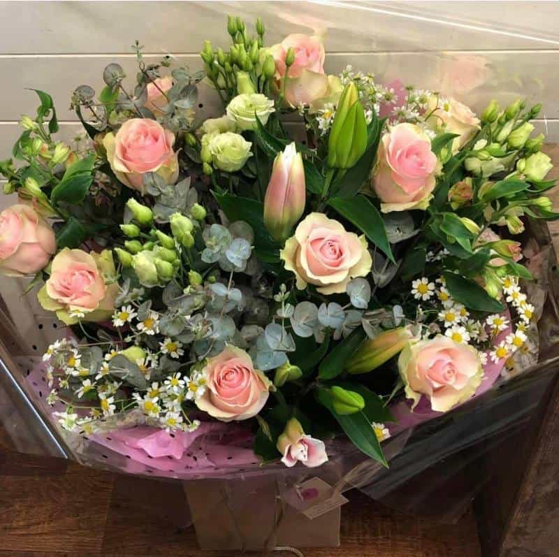 same day flowers newent rose and lily hand tied bouquet